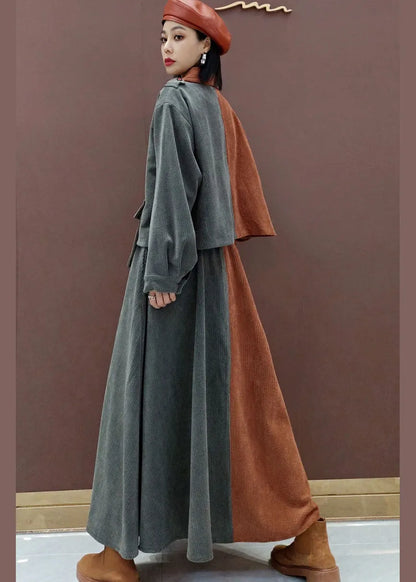 Fine V Neck Patchwork Corduroy Long Sleeved Tops Circle Skirts Two Piece Set Outfits