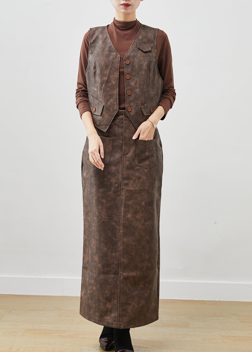 Khaki Tie Dye Faux Leather Two Piece Set Clothing Winter