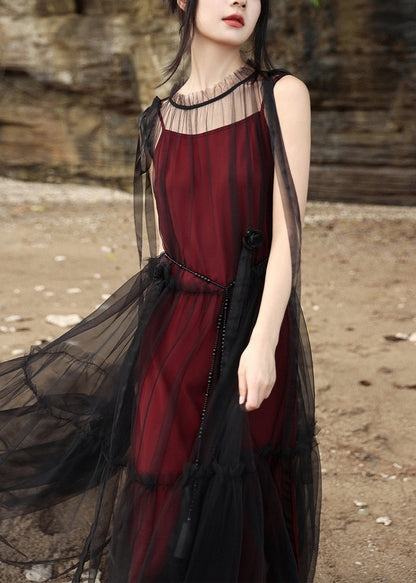 Black Stand Collar Tie Waist Tulle Dress Two Pieces Set Summer