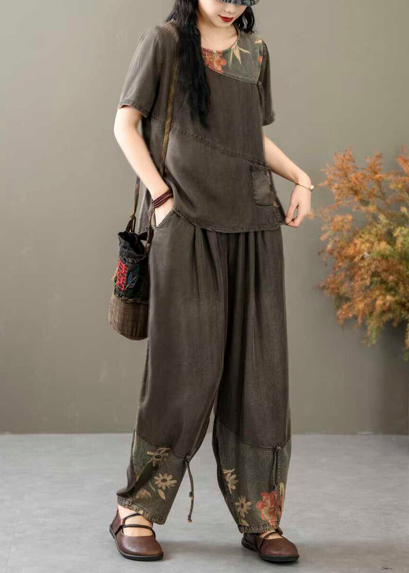 Black Print Tops and Crop Pants Denim Two Piece Suit Summer
