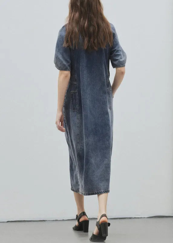 Blue O Neck Pockets Patchwork Denim Dress Summer