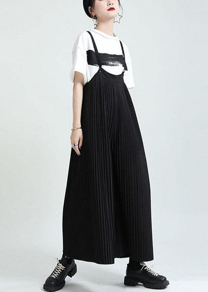 Black High Waist Wrinkled Wide Leg Summer Jumpsuit