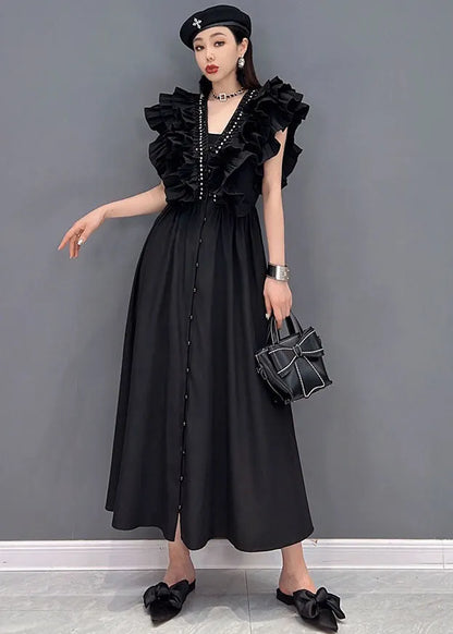 Style Black V Neck Original Ruffles Cotton Long Dress Vestidos Sleeveless