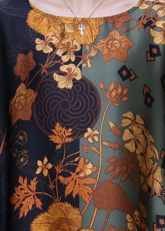 Green Print Silk Maxi Dress Batwing Sleeve