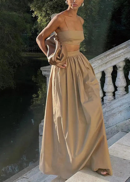 Classy Khaki Silm Fit Bustier Top and Skirts Two Pieces Set Summer