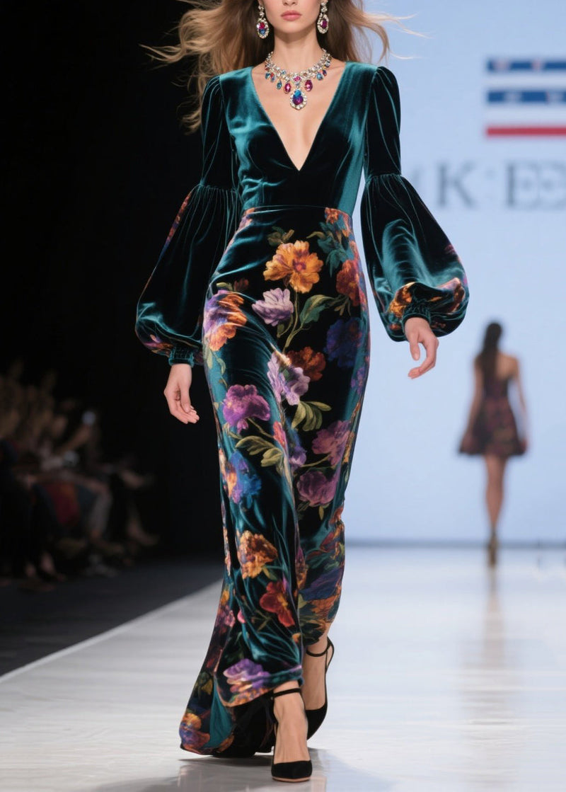 Classy Green V Neck Print Velvet Robe Dresses Lantern Sleeve