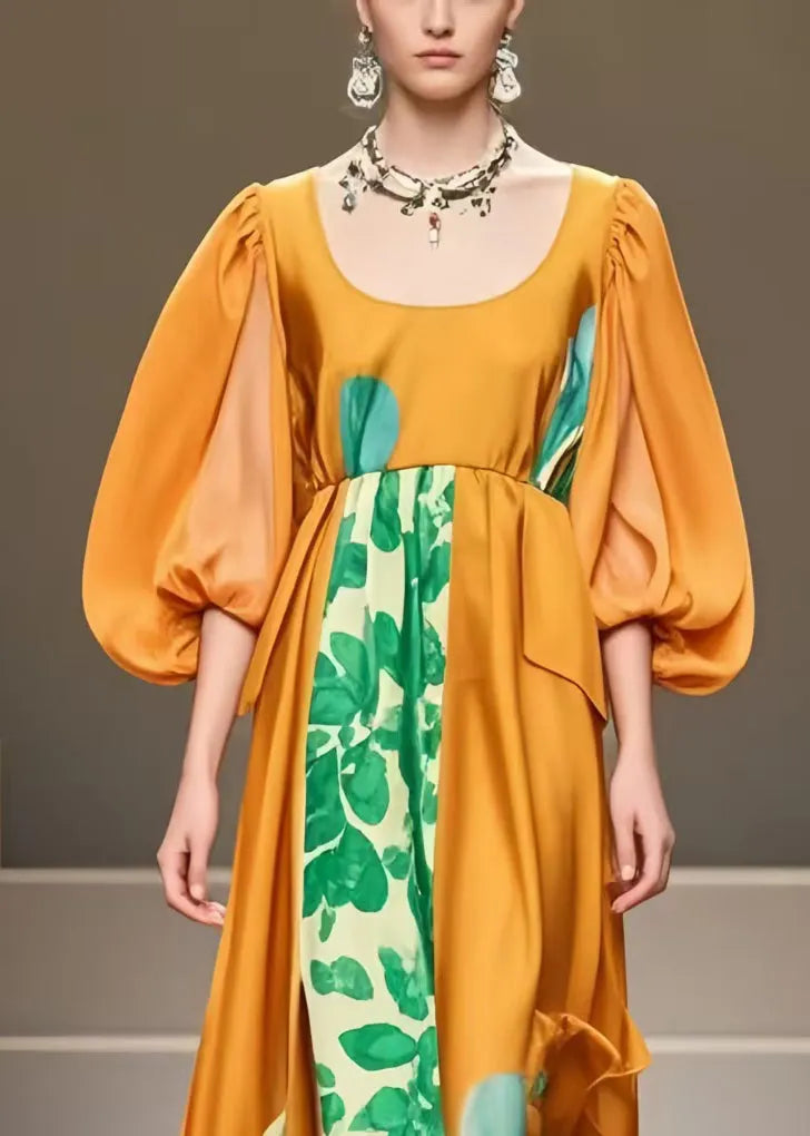 Italian Caramel U Neck Patchwork Silk Dresses Lantern Sleeve
