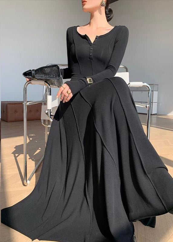 Original Black O-neck Patchwork Knit Cotton Holiday Long Dress Winter