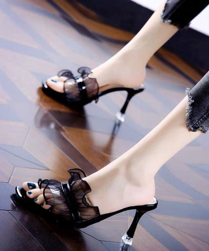 Black Ruffles Tulle High Heel Slippers Peep Toe Stiletto Sandals
