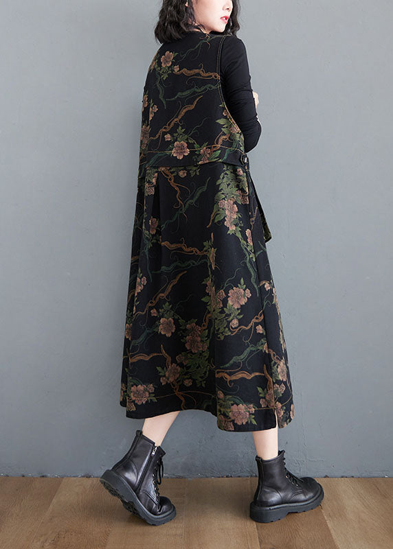 Fitted Black V Neck Button Pockets Print Fall Sleeveless Vest