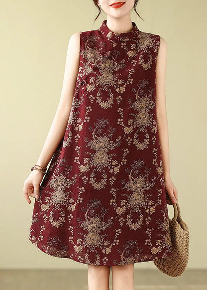 New Retro Mulberry Mandarin Collar Print Cotton a Line Dress Sleeveless