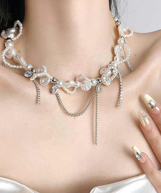 White Copper Zircon Pearl Chain Lariat Necklace