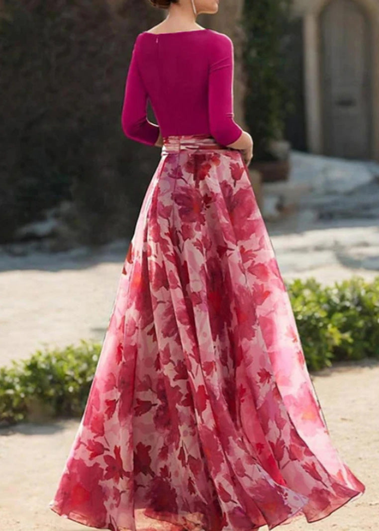 Rose V Neck Print Chiffon Long Dresses Spring
