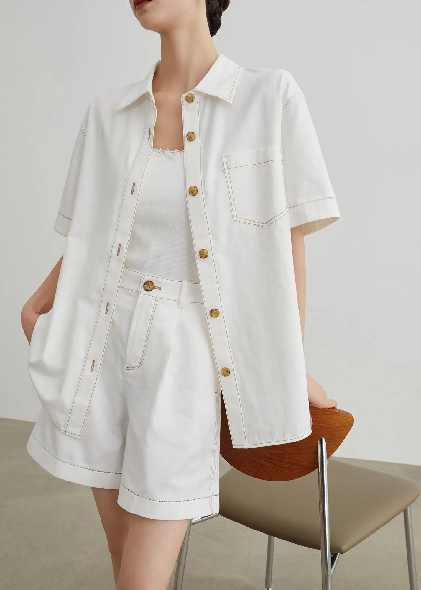Modern White Peter Pan Collar Denim Two Pieces Set Summer