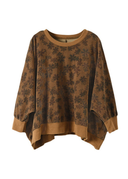 Chocolate Patchwork Cotton Sweatshirt Top Batwing Sleeve