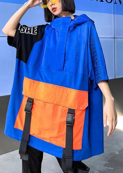 French Navy Spring Hooded Patchwork Tops Half Sleeve