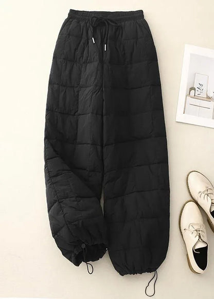 Loose Beige Plaid Drawstring Elastic Waist Fine Cotton Filled Pants Winter