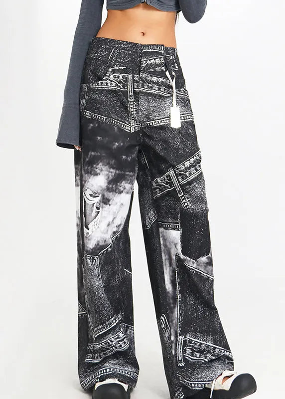 Black Print High Waist Denim Pants Spring
