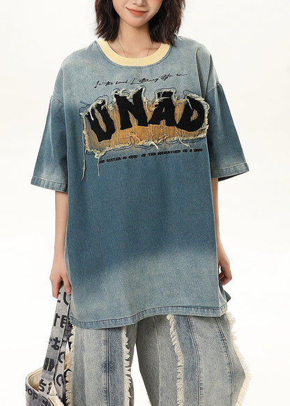 Blue Embroideried Patchwork Denim Tank Tops Half Sleeve
