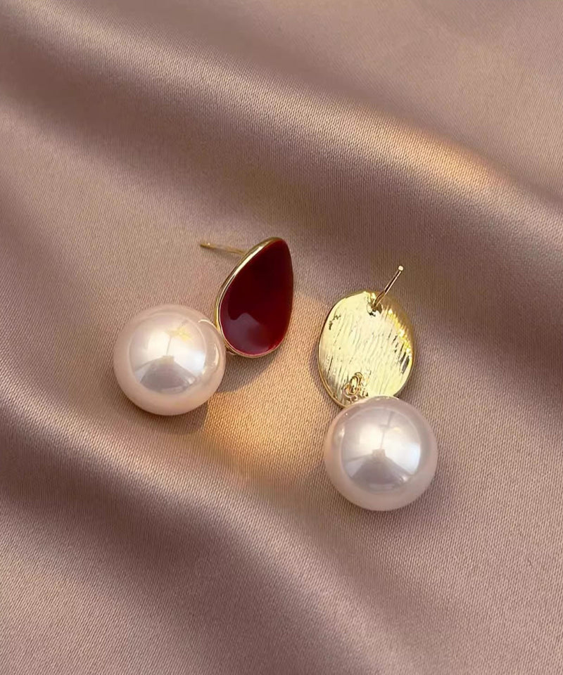 New Red Copper Overgild Pearl Drop Earrings