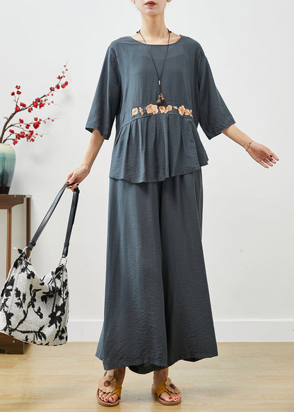 Blue Grey Cotton Two Piece Set Clothing Embroideried Fall