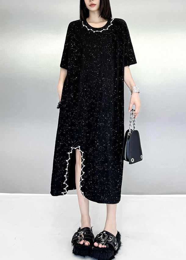 Black O Neck Nail Bead Cotton Dresses Summer