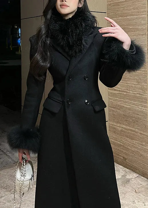 Black Fur Patchwork Woolen Fine Cotton Filled Coat Winter