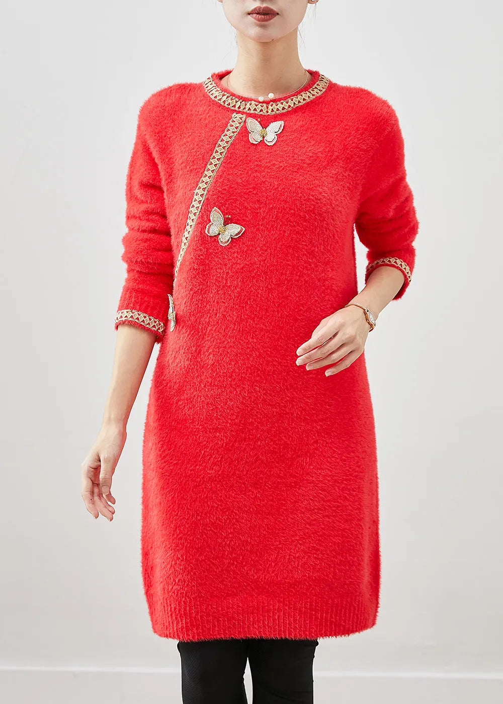 Red Butterfly Knit Sweater Dress Winter