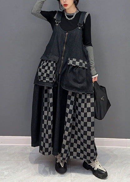 Black Patchwork Cotton Denim Strap Dresses Spring