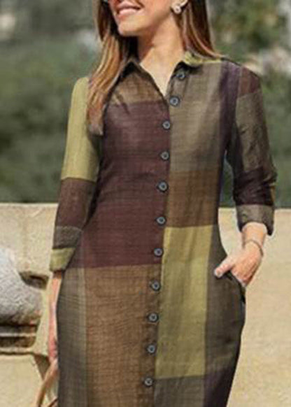 Blue Peter Pan Collar Plaid Button Maxi Shirt Dresses Spring