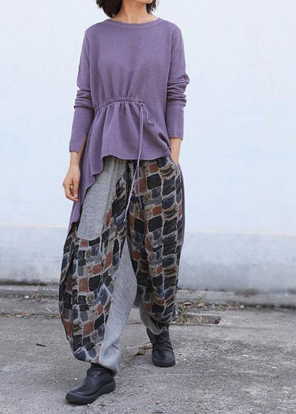 Purple Clothes O Neck Knitted Blouse Drawstring Asymmetric