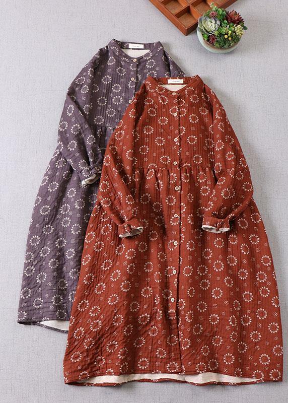 Organic Red Patchwork Pockets Button Fall Print Long Sleeve Dress