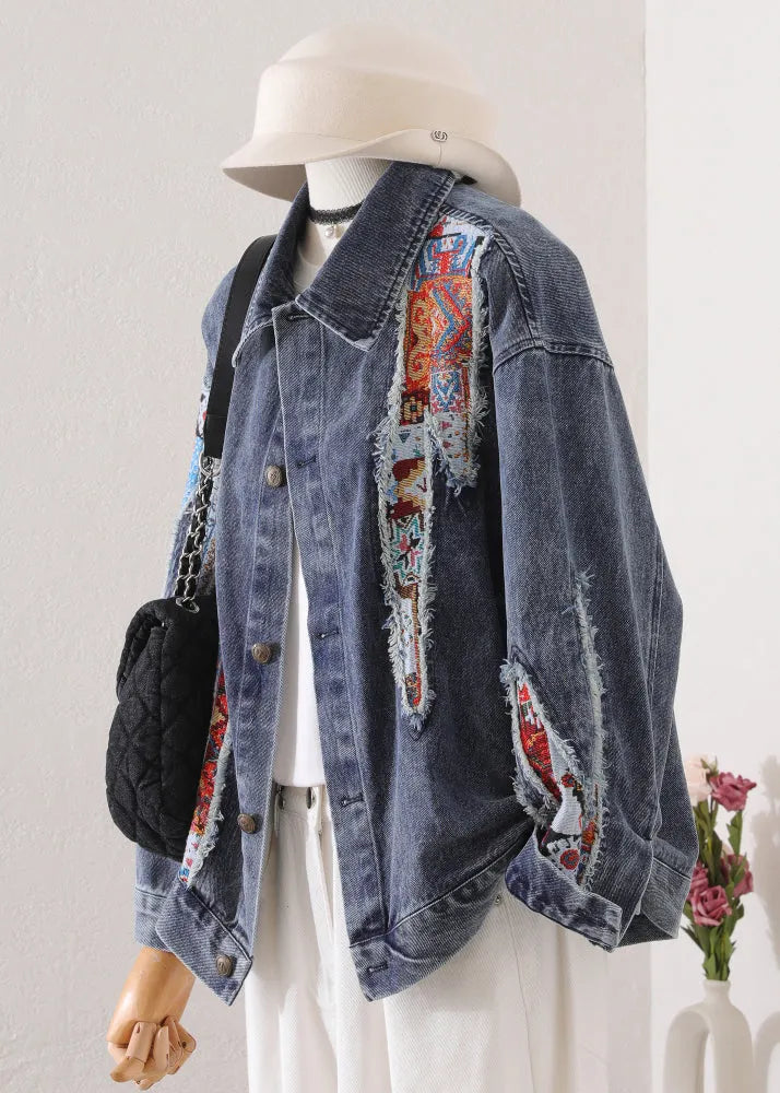 Blue Peter Pan Collar Patchwork Denim Coat Fall