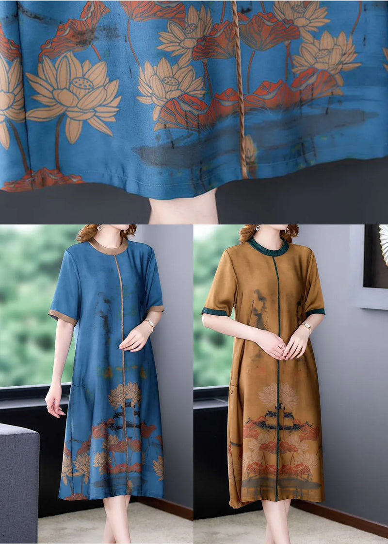 Coffee O-neck Patchwork Silk Long Dress Summer