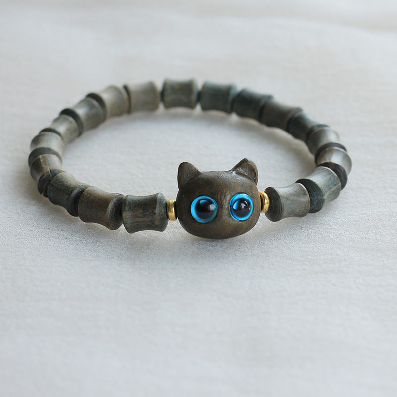 Buddha Stones Ebony Wood Green Sandalwood Cat Peace Bracelet