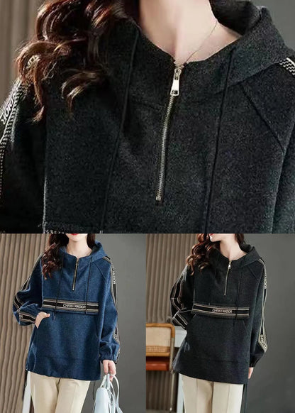Blue Hooded Pockets Patchwork Cotton Sweatshirts Long Sleeve