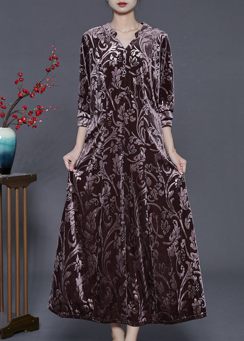 Chocolate Jacquard Silk Velour Long Dress Two Piece Set Fall