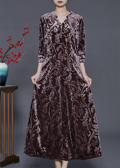 Chocolate Jacquard Silk Velour Long Dress Two Piece Set Fall