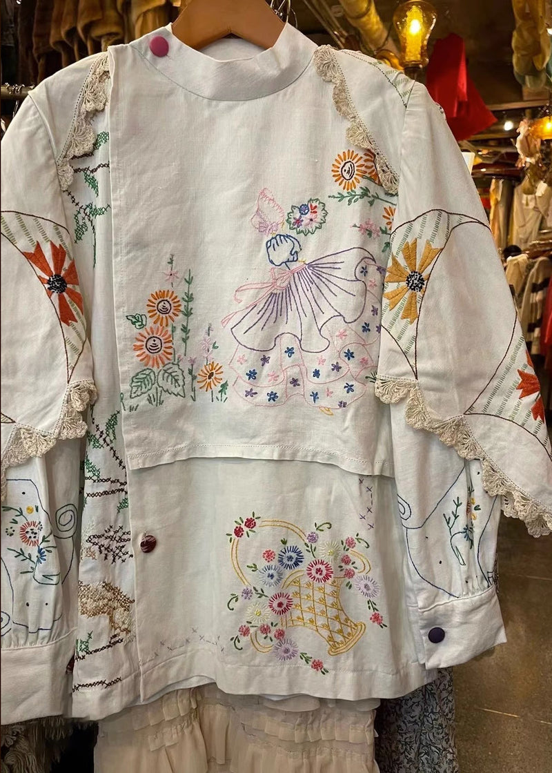 Handmade Blue Polka Dots Embroidered Patchwork Cotton Blouse Tops Fall