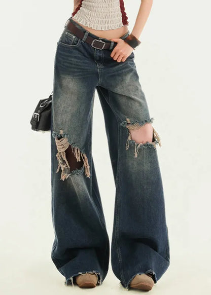 Blue High Waist Wide Leg Ripped Jeans Fall