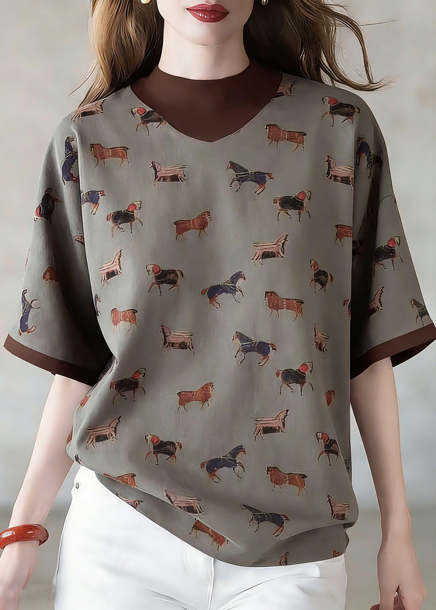 Style Coffee Print Fake Two-piece Top Short Sleeve
