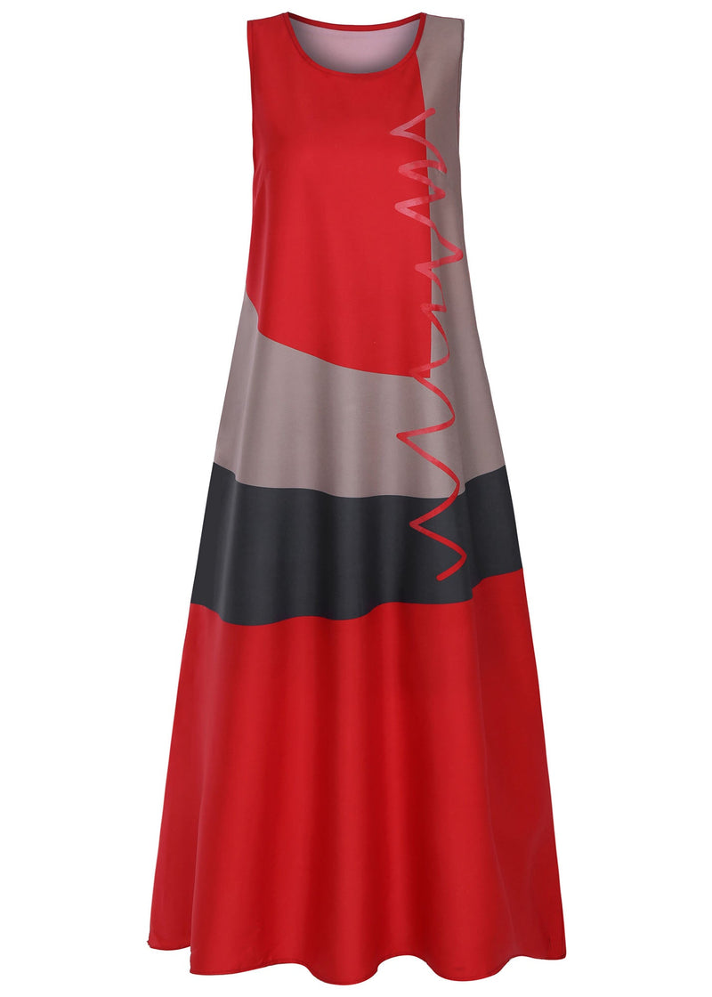 Sleeveless Patchwork O-neck Side Pocket Long Maxi Dress