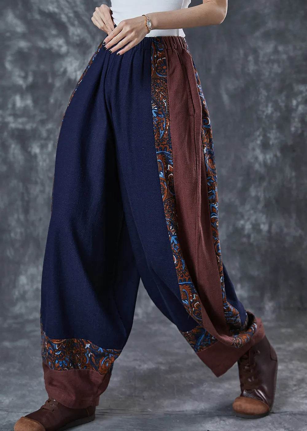 Style Navy Oversized Patchwork Cotton Pants Summer