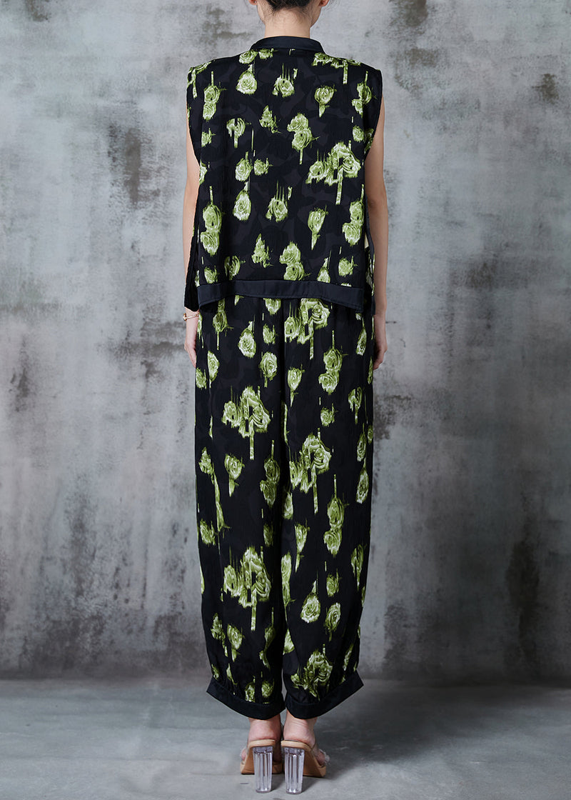 Green Patchwork Silk Sets 2 Pieces Tasseled Chinese Button Summer