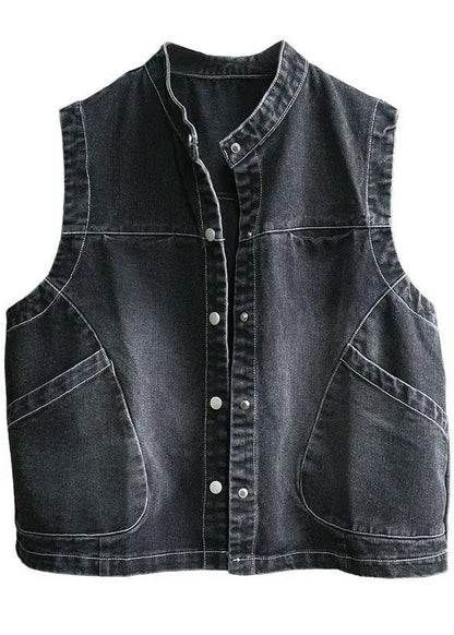 Fitted Black Stand Collar Pockets Button Fall Top Sleeveless Waistcoat