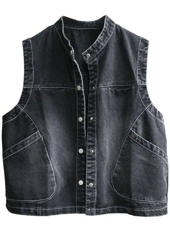 Fitted Black Stand Collar Pockets Button Fall Top Sleeveless Waistcoat