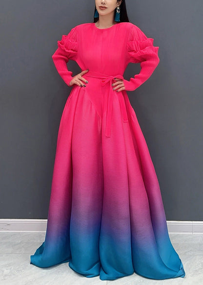 Red O-neck Gradient Color Maxi Dresses Long Sleeve