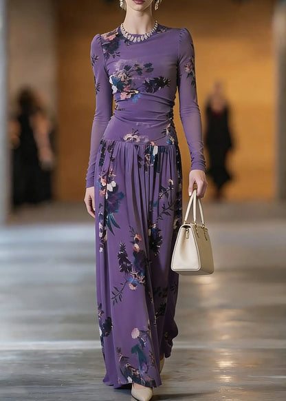 Purple O-neck Print Top and Maxi Skirts Two Pieces Set Spring