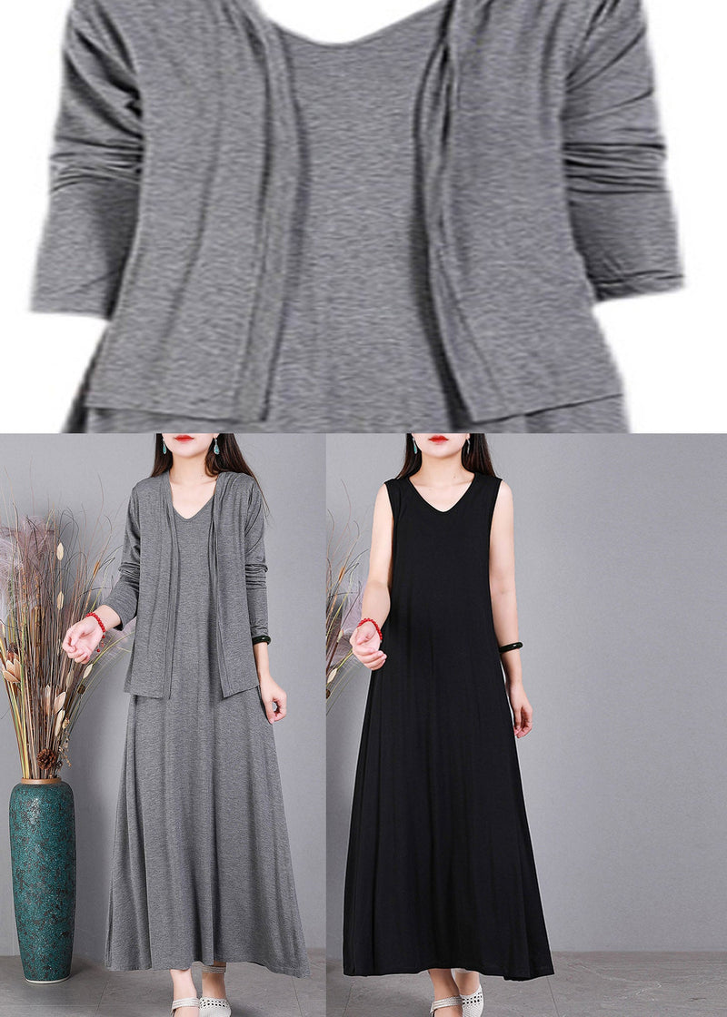 Black V Neck Cotton Cardigans and Dress Two Pieces Set Long Sleeve