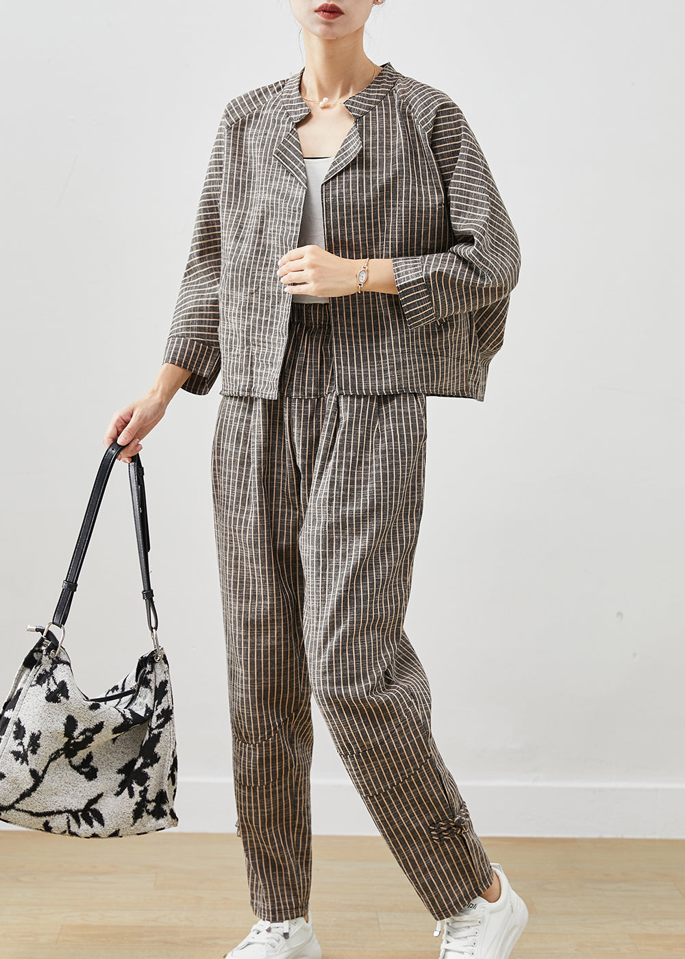 Grey Striped Linen Two Pieces Set Spring